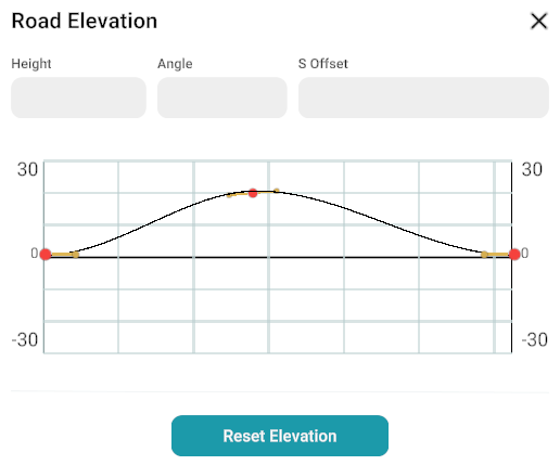 Road Elevation panel: Height, Angle, S Offset fields, elevation profile graph, and Reset Elevation button
