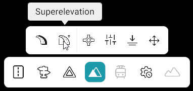 Bottom toolbar: Elevation Tools category active; sub-toolbar with Superelevation tool selected