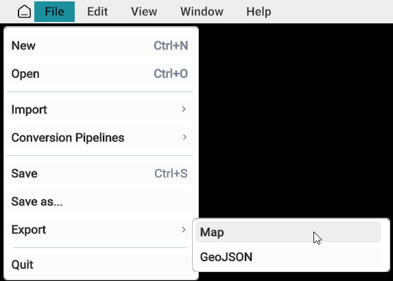 File menu with Export and Map selected