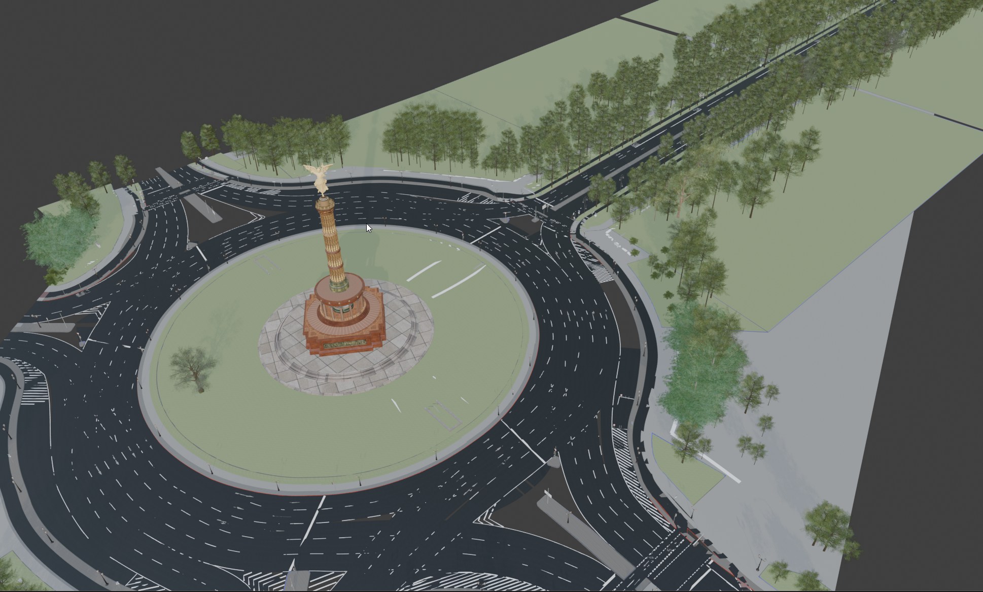 Exported FBX scene in Blender: aerial view of a roundabout with a central monument, trees, and road markings