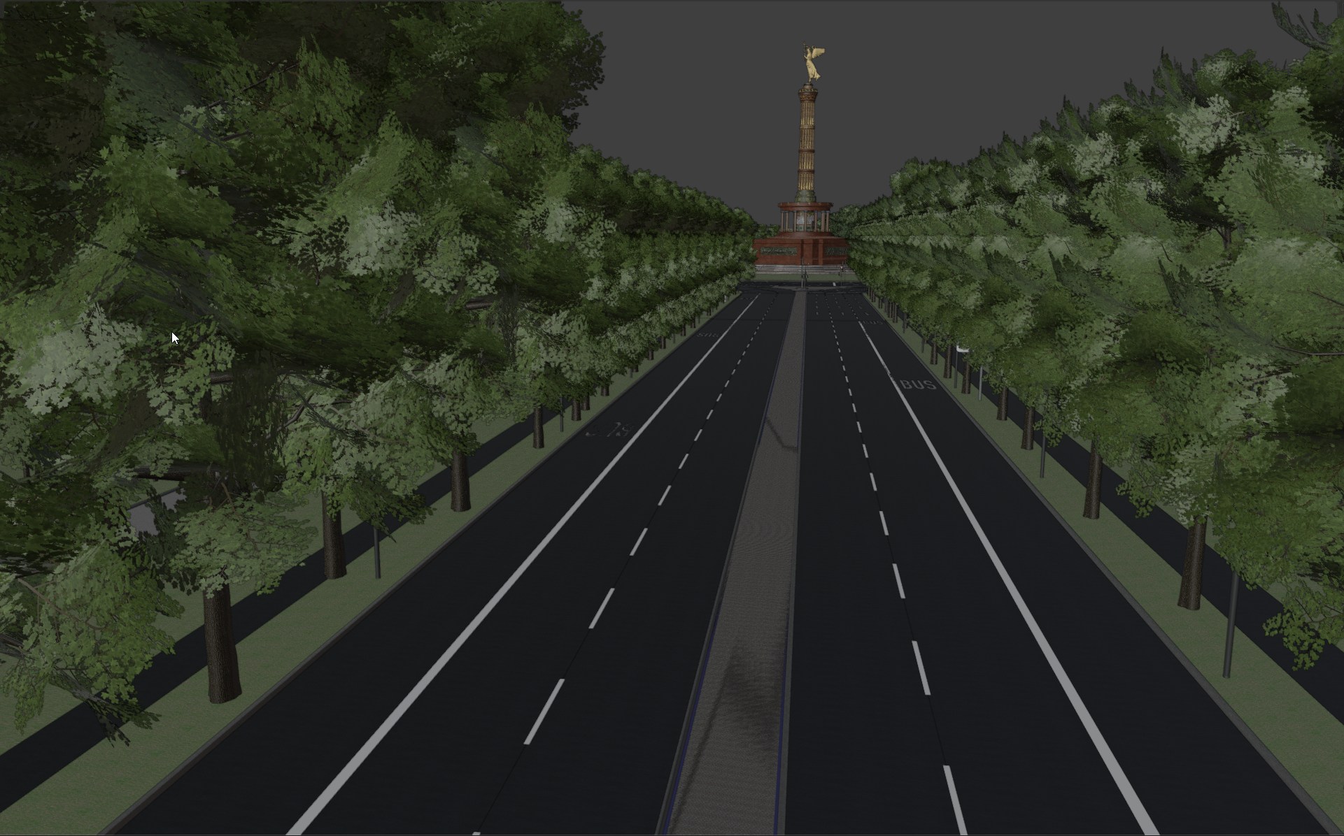 Exported FBX scene in Blender: street-level view of a tree-lined road leading to the monument