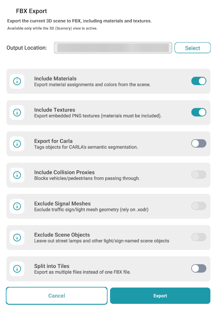 FBX Export dialog with output location and export options