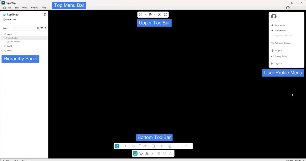 Main screen: top menu bar, hierarchy panel, upper toolbar, bottom toolbar, canvas, and profile menu