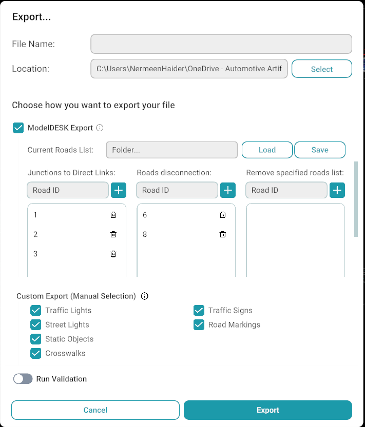 ModelDESK Export dialog with Current Roads List, road ID options, and Custom Export selection