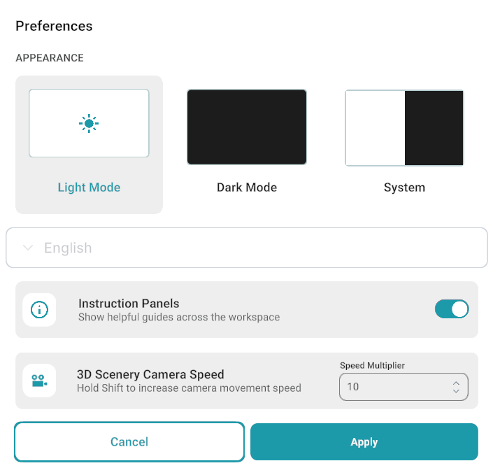 Preferences window: appearance themes, language, Instruction Panels toggle, 3D Scenery Camera Speed, Cancel and Apply