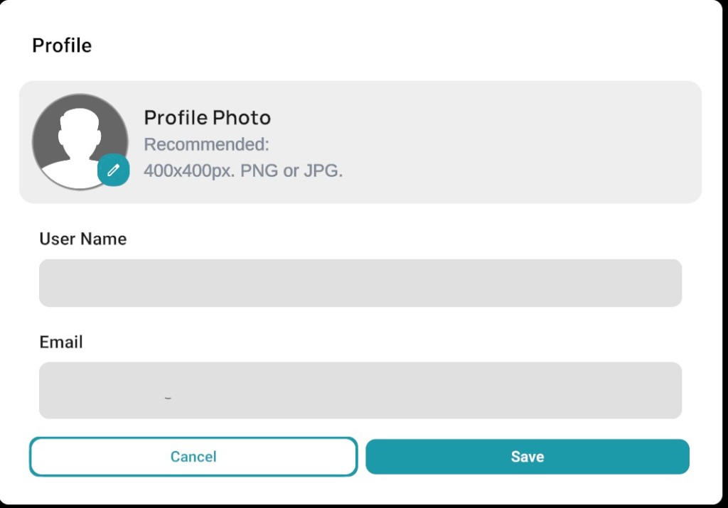 Profile window: photo upload, user name, email, Cancel and Save