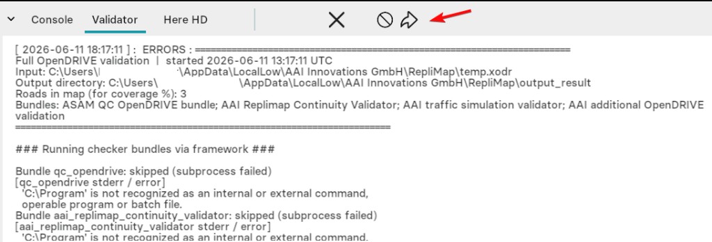 Validator tab with validation log and export icon