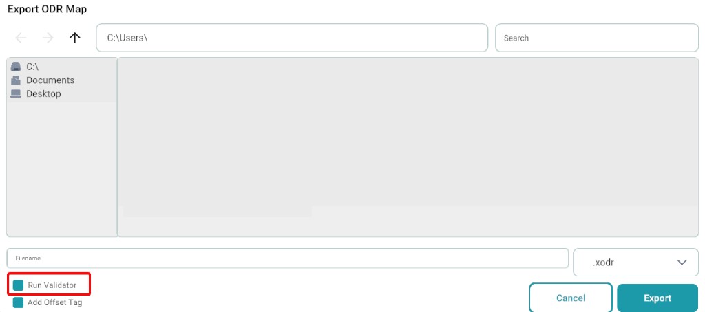 Export ODR Map dialog with Run Validator checkbox enabled