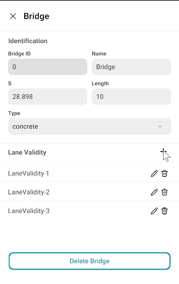 Bridge Properties panel: Identification, Parameters, Lane Validity, and Delete Bridge