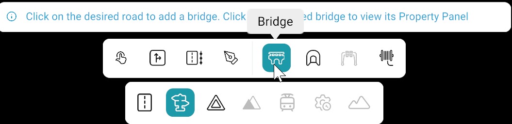 Object bar: Bridge tool selected with placement hint; bottom toolbar with Objects category active