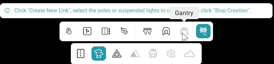 Object bar: Gantry tool (disabled) on hover; Suspended Cable active; bottom toolbar with Objects category active