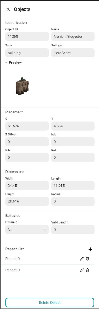 Objects panel: Identification, Preview, Placement, Dimensions, Behaviour, Repeat List, and Delete Object