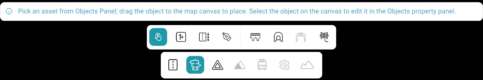 Object tool: placement hint banner, Object Bar (single object, road painting, repeatable objects, pen, bridge, tunnel, gantry, suspended cable), and bottom toolbar