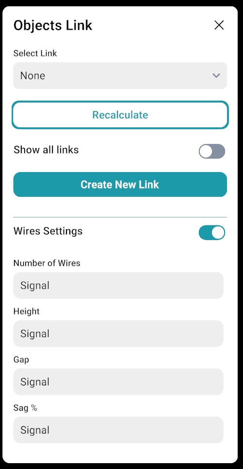 Objects Link panel: Select Link, Recalculate, Show all links, Create New Link, and Wires Settings