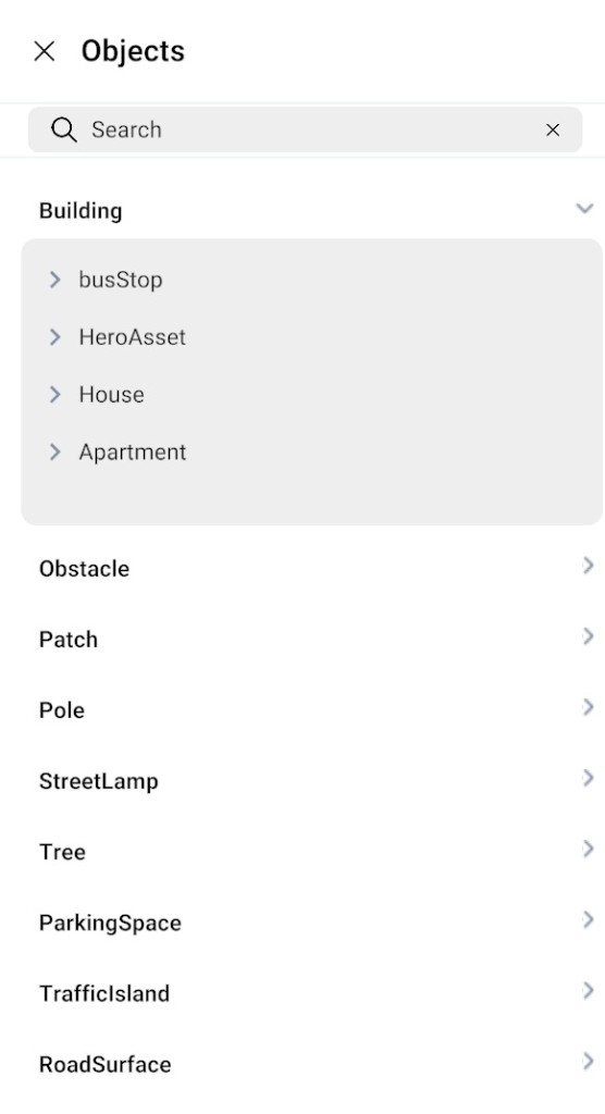 Objects panel: search bar and category list with Building expanded (busStop, HeroAsset, House, Apartment)