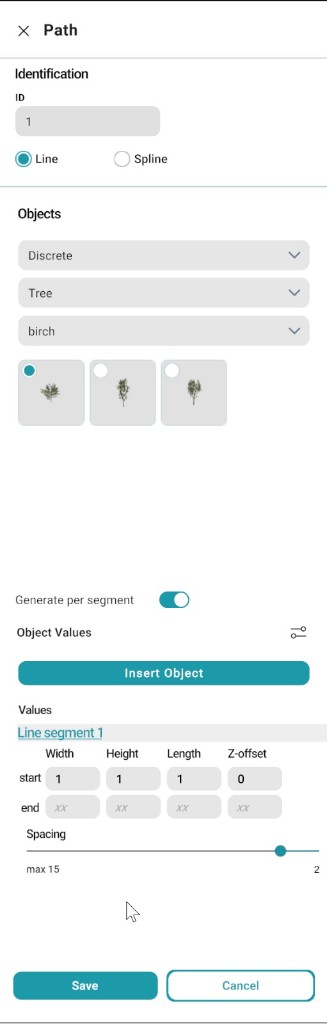 Path panel: Identification, Objects with previews, Insert Object, Values for line segment 1 with spacing