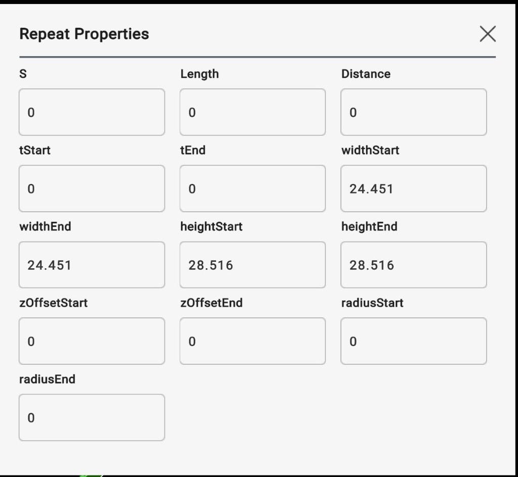 Repeat Properties panel: S, Length, Distance, tStart, tEnd, widthStart, widthEnd, heightStart, heightEnd, zOffsetStart, zOffsetEnd, radiusStart, radiusEnd