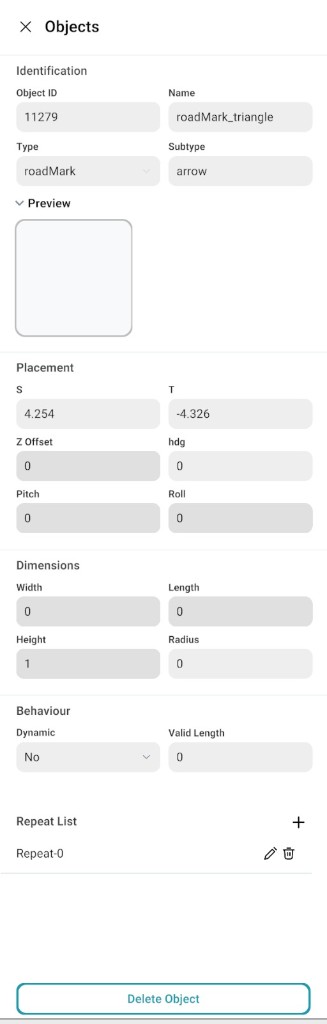 Object Properties panel for a road mark: Identification, Placement, Dimensions, Behaviour, and Repeat List