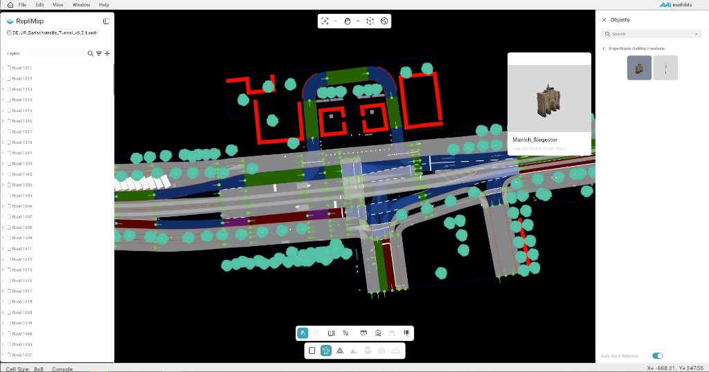 RepliMap: Objects sidebar with Single Objects path and asset thumbnails; map view with drag-and-drop preview card for the selected asset