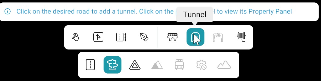 Object bar: Tunnel tool selected with placement hint; bottom toolbar with Objects category active
