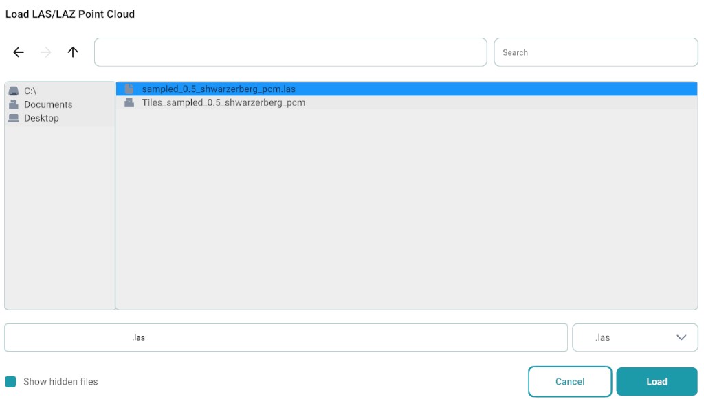 Load LAS/LAZ Point Cloud dialog for selecting a .las or .laz file