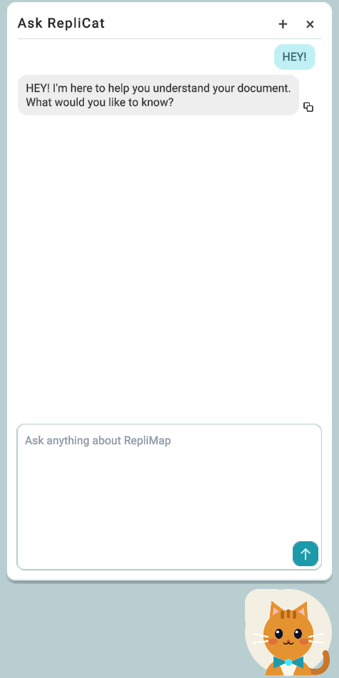 Ask RepliCat panel: RepliCat greeting the user, with the chat input and send button