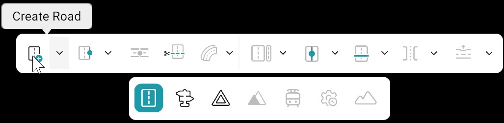 Road editing bar: Create Road tool selected; bottom toolbar with Road category active