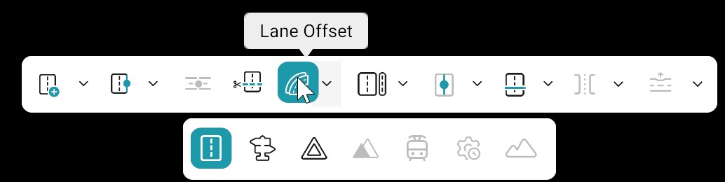 Road editing bar: Lane Offset tool selected; bottom toolbar with Road category active