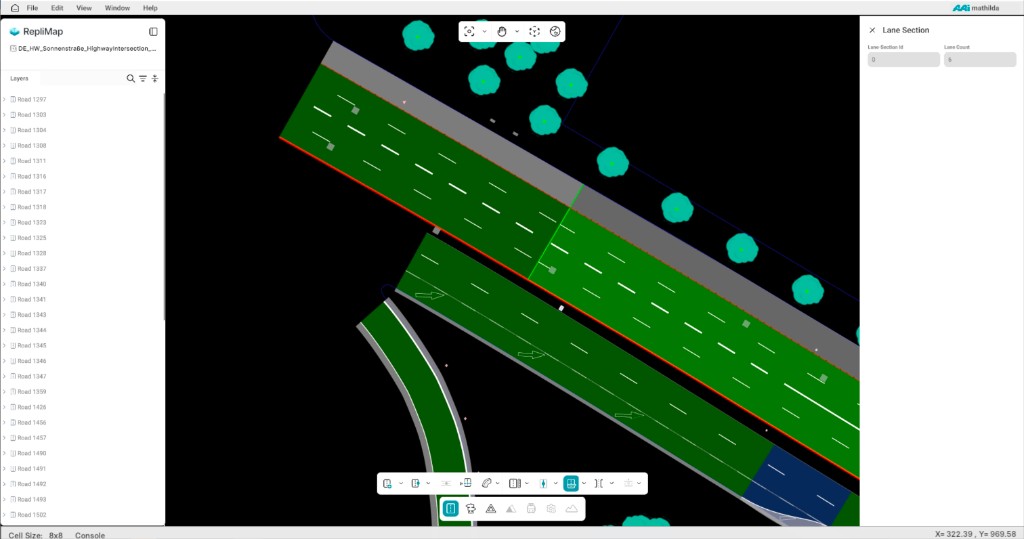RepliMap: lane section boundary on the road; Lane Section panel with section ID and lane count