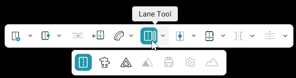 Road editing bar: Lane Tool selected; bottom toolbar with Road category active