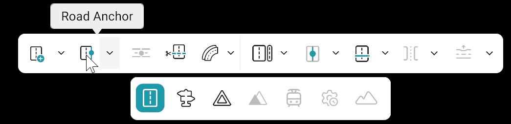 Road editing bar: Road Anchor tool selected; bottom toolbar with Road category active
