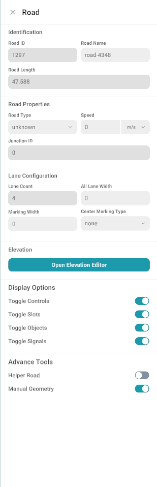 Road properties panel: identification, road and lane settings, elevation, display toggles, advanced tools