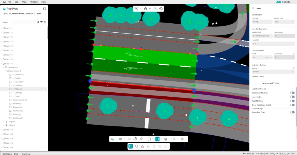 RepliMap canvas: lane selected, width anchors along the lane, path/curvature handles at boundaries