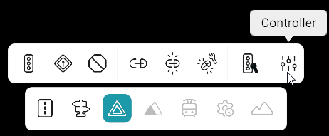 Signals toolbar with Controller tool tooltip; bottom toolbar with Signals category active