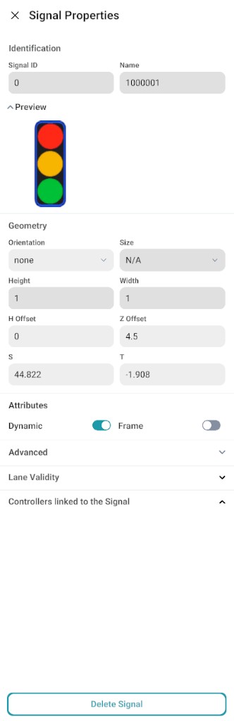 Signal Properties panel: Identification, Preview, Geometry, Attributes, Advanced, Lane Validity, Controllers linked to the Signal, and Delete Signal