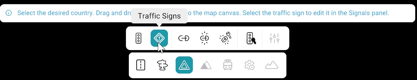 Signals bar: Traffic Signs tool selected with placement hint; bottom toolbar with Signals category active